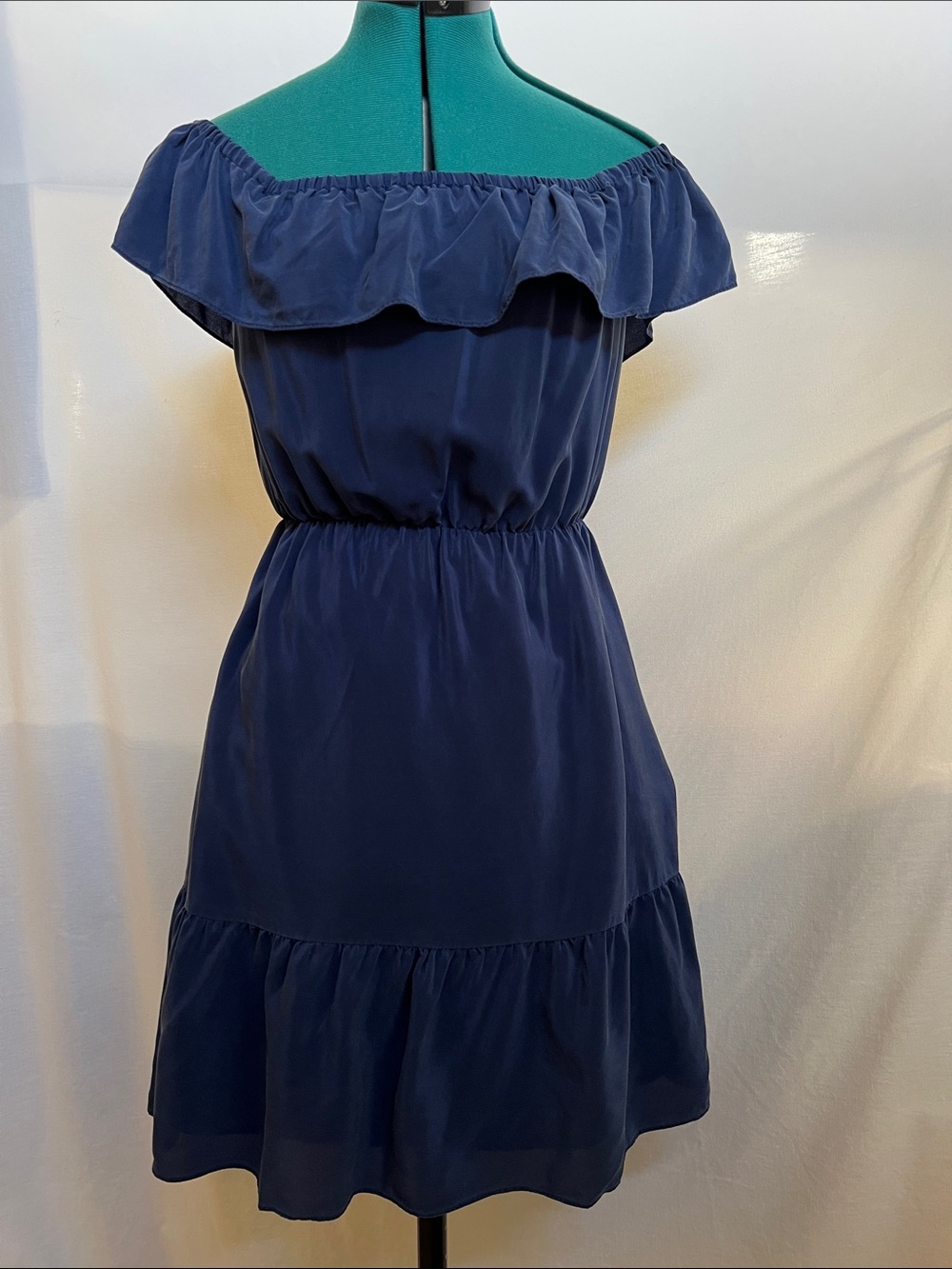 Club Monaco 100% Silk Navy Ruffle Off-Shoulder Dress